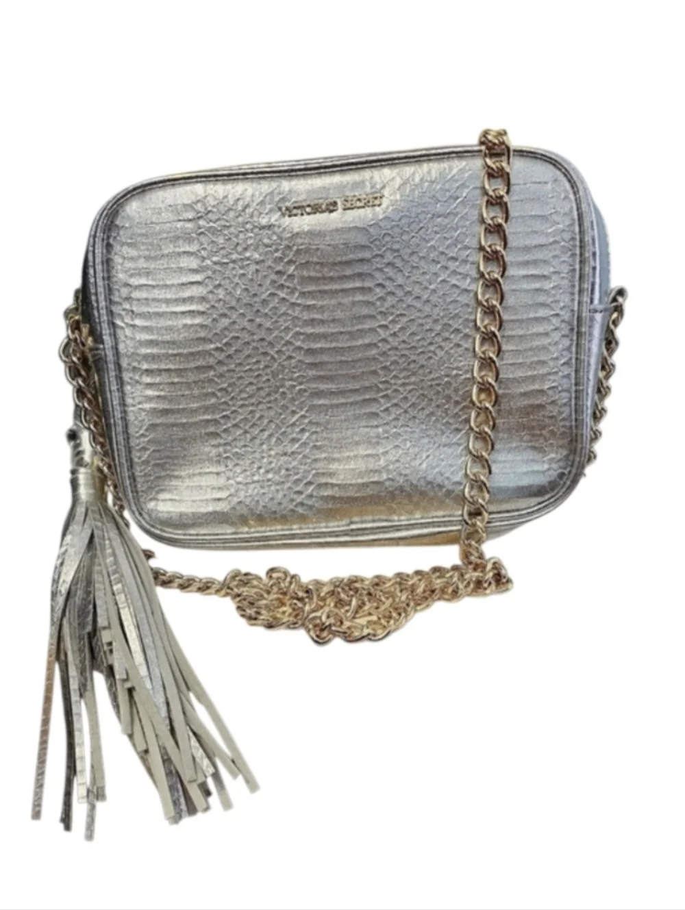 Victoria's Secret Metallic Silver Faux Snake skin  Gold Chain Crossbody bag